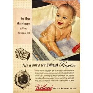 Wollensak Optical Co. "For Clear Sharp Images in Color-Movies or Stills" Ad 1949